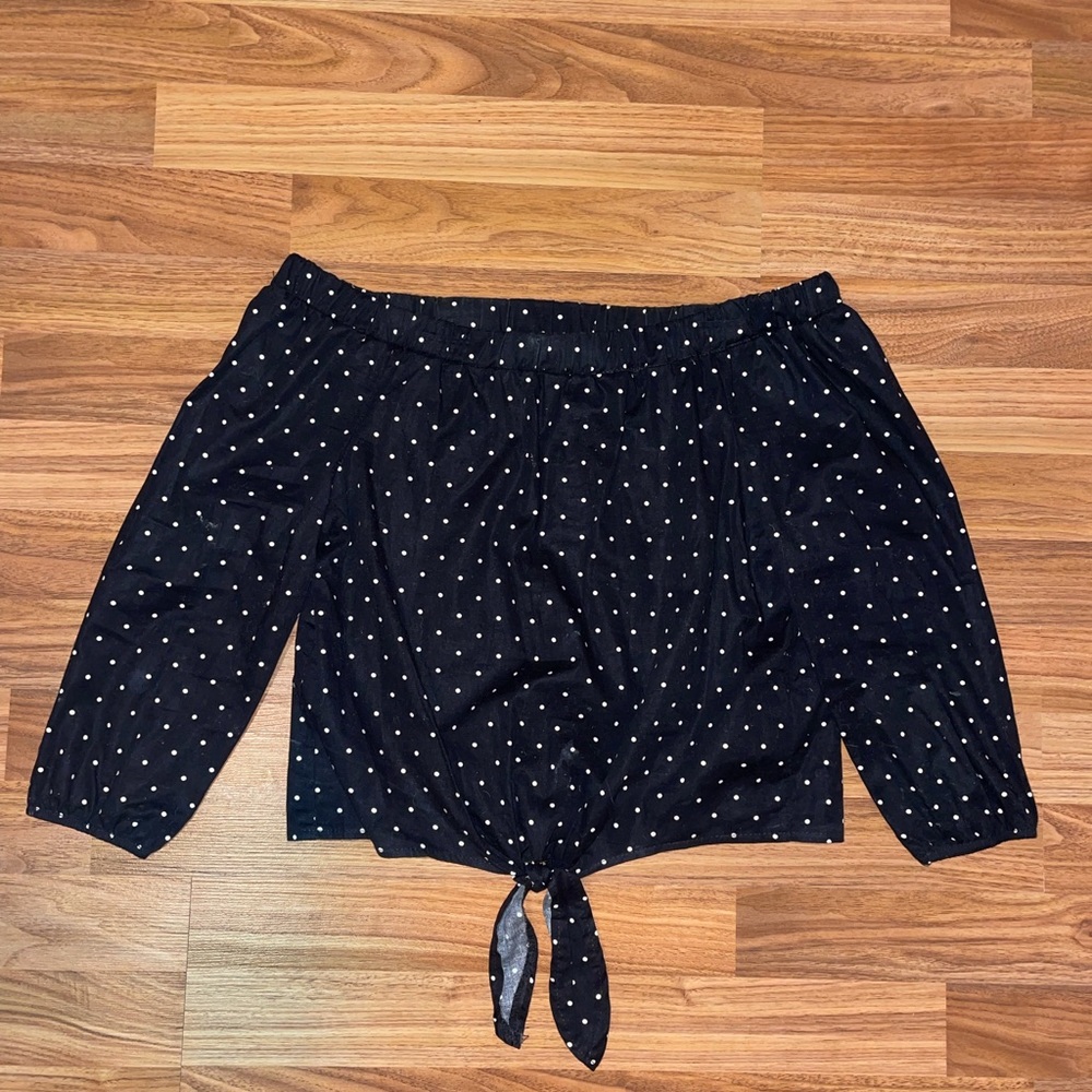 Black Polka Dot Off the Shoulder Top W/ Knot